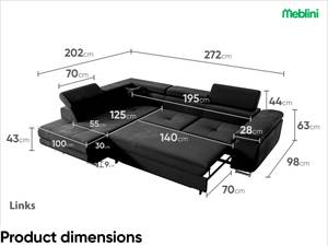 Ecksofa Carl L-Form Links Schwarz - Ecke davorstehend links - Longchair davorstehend links - Ottomane davorstehend links - Schlaffunktion davorstehend rechts