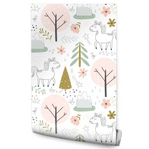 Papier Peint pour filles licornes arbres Beige - Noir - Bleu - Marron - Gris - Vert - Blanc - Papier - 53 x 1000 x 1000 cm