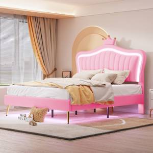 Lit enfant rembourré Aether Ⅳ Rose foncé - Bois manufacturé - Métal - Bois massif - Cuir synthétique - 152 x 122 x 203 cm