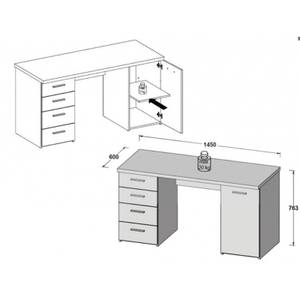 Bureau blanc 4 tiroirs 1 porte - ALVIN Gris - Pierre - 145 x 76 x 60 cm