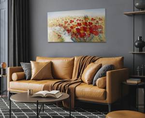 Tableau peint Fleurs Enflammées Beige - Rouge - Bois massif - Textile - 120 x 60 x 4 cm