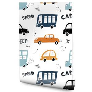 Tapete für Kinder bunte AUTOS Schriften Schwarz - Blau - Orange - Weiß - Papier - Textil - 53 x 1000 x 1000 cm