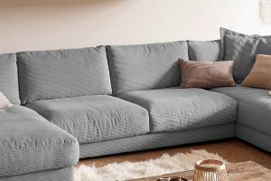 Sofa MADELINE Wohnlandschaft Cord Grau - Armlehne davorstehend rechts - Longchair davorstehend links