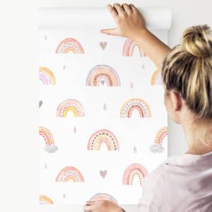 Papier Peint arc-en-ciel nuages cœurs Beige - Gris - Rouge - Blanc - Papier - 53 x 1000 x 1000 cm