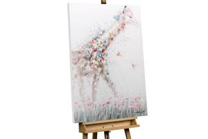 Tableau peint à la main Giraffe Princess Gris - Bois massif - Textile - 75 x 100 x 4 cm