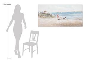 Tableau peint Promenade à la plage Beige - Bleu - Bois massif - Textile - 120 x 60 x 4 cm