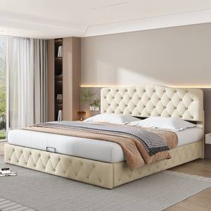 Polsterbett Phoebe Ⅱ Beige - Holzwerkstoff - Metall - Massivholz - Textil - Holzart/Dekor - 184 x 108 x 203 cm