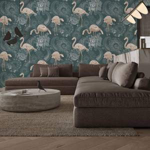 Tapete Vögel FLAMINGOS Blumen Ornamente Beige - Grün - Papier - Textil - 53 x 1000 x 1000 cm