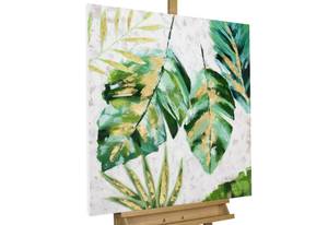 Tableau peint Feuilles envolées Vert - Blanc - Bois massif - Textile - 90 x 90 x 4 cm
