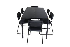 Pelle ensemble table, table noir et 6 Noir - Bois massif - 90 x 75 x 190 cm