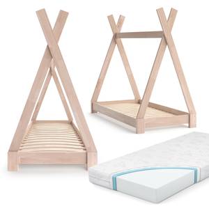 Lit cabane Tipi nature avec matelas Bois - 70 x 140 x 70 cm