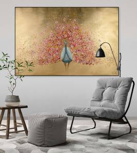 Tableau peint Golden Flower Peacock Doré - Rose foncé - Bois massif - Textile - 120 x 80 x 4 cm