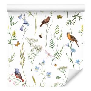 Papier Peint fleurs feuilles oiseaux Noir - Bleu - Marron - Vert - Orange - Rouge - Blanc - Papier - 53 x 1000 x 1000 cm