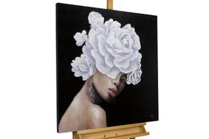 Tableau peint à la main Queen of Roses Noir - Blanc - Bois massif - Textile - 80 x 80 x 4 cm
