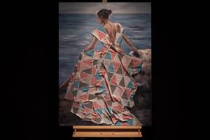 Bild handgemalt Die Schöne und das Meer Blau - Massivholz - Textil - 75 x 100 x 4 cm