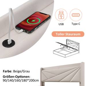 Polsterbett mit USB/Typ-C LEINZoom Ⅱ Beige - Breite: 166 cm