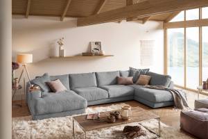 Sofa MADELINE Wohnlandschaft Cord Grau - Armlehne davorstehend rechts - Longchair davorstehend links