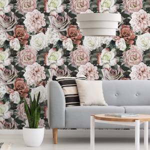 Papier Peint fleurs feuilles nature Vert - Rose foncé - Papier - 53 x 1000 x 1000 cm