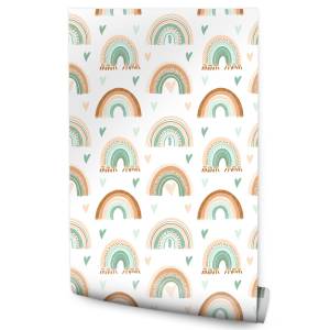 Papier Peint ARC-EN-CIEL Cœurs Boho Beige - Marron - Vert - Blanc - Papier - Textile - 53 x 1000 x 1000 cm