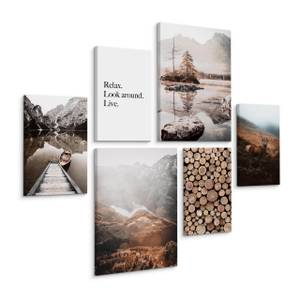 Leinwandbilder Set See Berge Natur 3D Beige - Braun - Grau - Textil - 90 x 80 x 80 cm