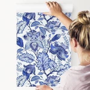 Papier Peint fleurs feuilles modernes Bleu - Blanc - Papier - 53 x 1000 x 1000 cm