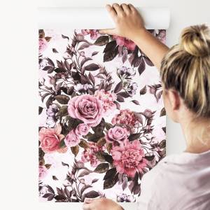 Papier Peint ROSES Pivoines Fleurs Rétro Vert - Rose foncé - Blanc - Papier - Textile - 53 x 1000 x 1000 cm