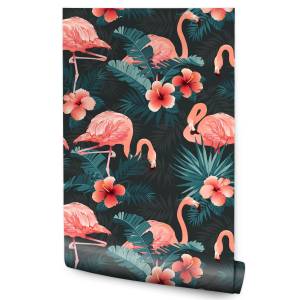 Tapete FLAMINGOS Blätter Blumen Natur Schwarz - Braun - Grün - Rot - Papier - Textil - 53 x 1000 x 1000 cm