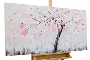 Tableau peint Cherry Blossom Dream Gris - Rose foncé - Bois massif - Textile - 123 x 63 x 4 cm