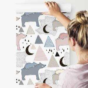 Papier Peint pour enfants ours montagnes Beige - Noir - Bleu - Gris - Blanc - Papier - Textile - 53 x 1000 x 1000 cm