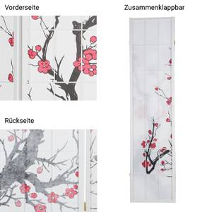 Paravent 3 parties fleur de cerisier 276 Rouge - Blanc - En partie en bois massif - 132 x 175 x 2 cm