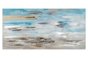 Tableau Vagues dans la brume du matin Bleu - Gris - Bois massif - Textile - 140 x 70 x 4 cm