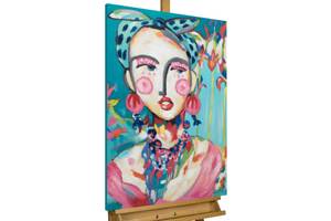 Tableau peint à la main Frida in Trad Bleu - Rose foncé - Bois massif - Textile - 60 x 90 x 4 cm