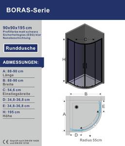 Runddusche Duschkabine Viertelkreis 90 x 90 cm