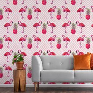 Tapete FLAMINGOS Ananas Geometrie Muster Grün - Pink - Weiß - Papier - Textil - 53 x 1000 x 1000 cm