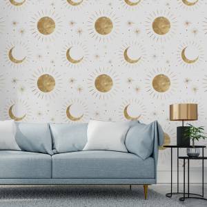 Tapete Sonne MONDE Sterne Boho Stil Beige - Braun - Weiß - Papier - Textil - 53 x 1000 x 1000 cm