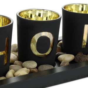 Teelichthalter "Home" mit Tablett Schwarz - Gold - Grau - Holzwerkstoff - Glas - Stein - 33 x 8 x 12 cm
