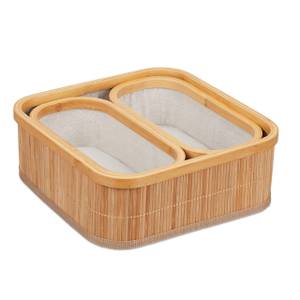 Lot de 3 paniers de rangement en bambou Marron - Blanc - Bambou - Bois manufacturé - Textile - 34 x 13 x 34 cm