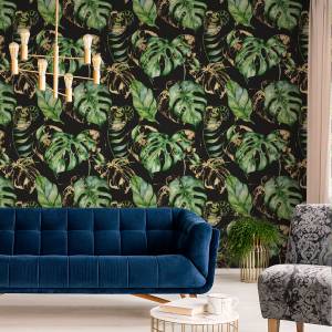 Papier Peint FEUILLES Tropicales Nature Beige - Noir - Vert - Papier - Textile - 53 x 1000 x 1000 cm