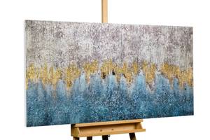 Tableau peint à la main Ambivalence Bleu - Gris - Bois massif - Textile - 140 x 70 x 4 cm