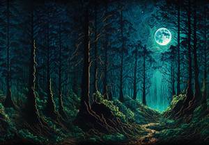 Vlies Fototapete Wald Dunkler Mond Nacht 312 x 219 x 312 cm