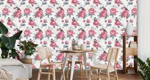 Papier Peint Feuilles Fleurs Oiseaux Marron - Gris - Rose foncé - Papier - Textile - 53 x 1000 x 1000 cm