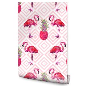 Tapete FLAMINGOS Ananas Geometrie Muster Grün - Pink - Weiß - Papier - Textil - 53 x 1000 x 1000 cm