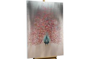 Tableau peint Bird of the Spring Rose foncé - Bois massif - Textile - 80 x 120 x 4 cm