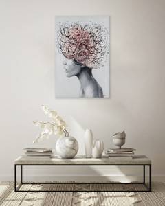 Tableau peint Blossom of Thought Gris - Rose foncé - Bois massif - Textile - 60 x 90 x 4 cm