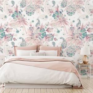 Papier Peint fleurs feuilles pastel Beige - Bleu - Vert - Mauve - Blanc - Papier - 53 x 1000 x 1000 cm