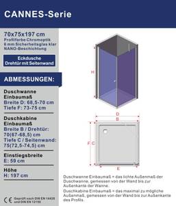 Duschtür 180° Drehtür mit Seitenwand 70 x 75 cm