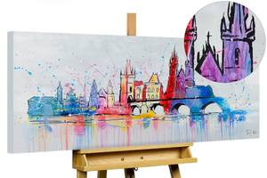 Tableau peint Prague Skyline Silhouette Gris - Bois massif - Textile - En partie en bois massif - 120 x 60 x 4 cm