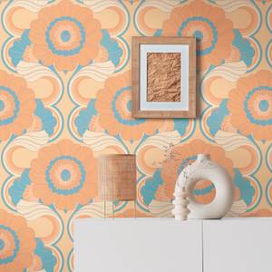 Retro-Tapete mit Blumen 70er Jahre Beige - Blau - Orange - Türkis - Gelb