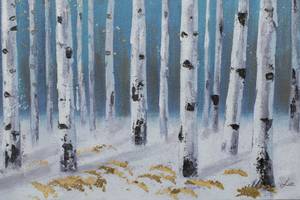 Tableau peint Walk in the Forest Bleu - Bois massif - Textile - 120 x 60 x 4 cm