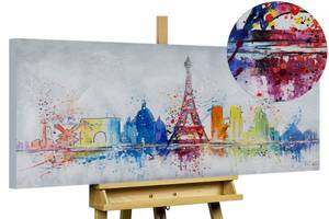 Peinture acrylique Tour Eiffel Blanc - Bois massif - Textile - 120 x 60 x 4 cm